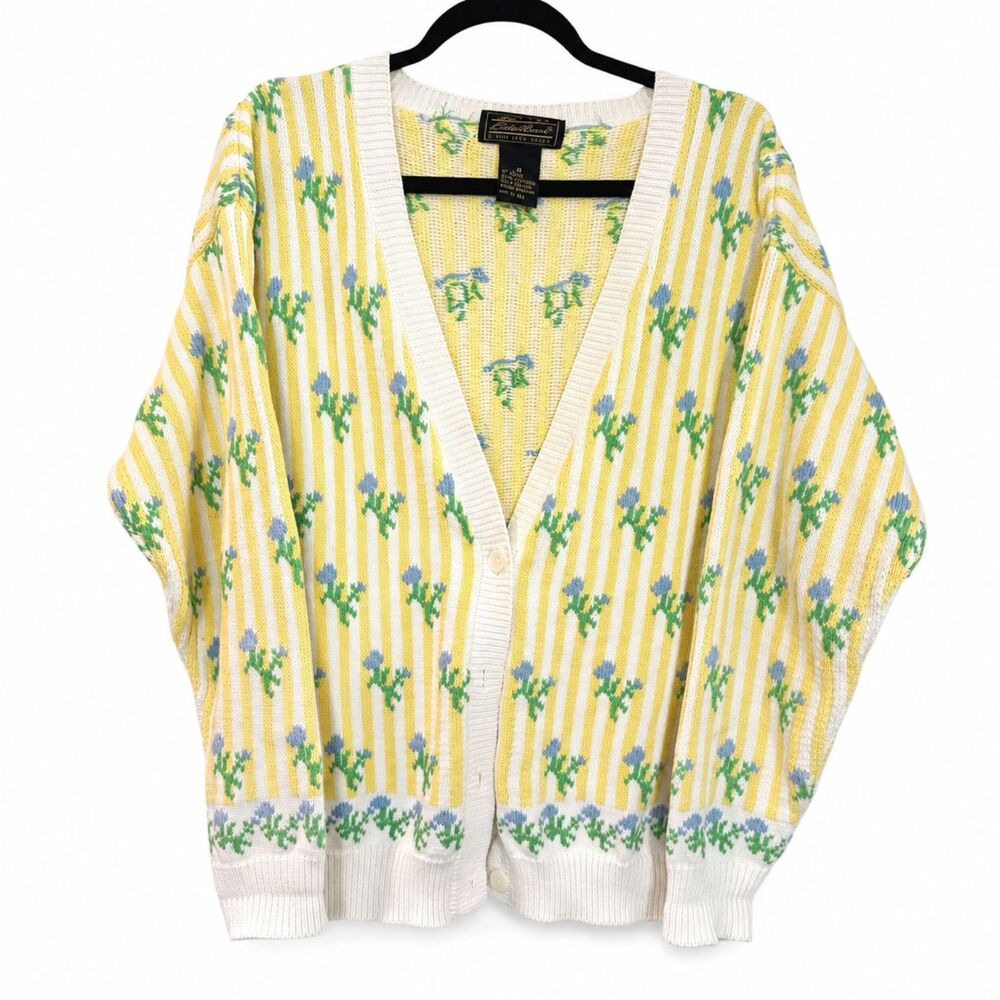 Vintage 1990 Eddie Bauer Floral Striped Cotton Cardigan Sweater Cottagecore Sz S